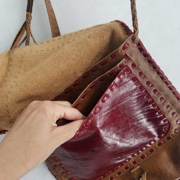Ethnic Leather Boho Bag Brown & Burgundy 10"L x 10"W Crossbody Adjustable Strap - Picture 6 of 12